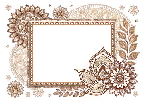 Indian frame inspired by traditional mehndi patterns, intricate botanical linework forming a rectangular border, modern illustration style,