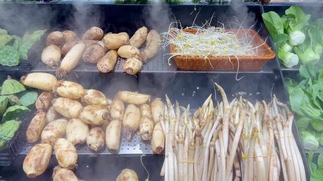 Fresh Chinese Yam, Bean Sprouts and Asparagus in Supermarket Fresh Vegetable Display