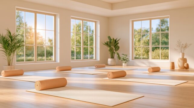 Bright yoga studio with rolled mats on wooden floor and morning light streaming through windows