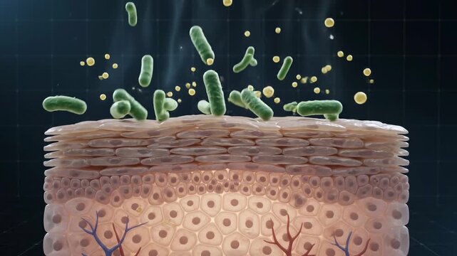 Cross section of human skin with bacteria on the surface