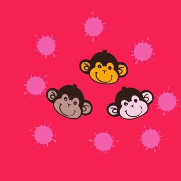Cute monkey face trio illustration with pink paint splatters on magenta background for kids fashion apparel, baby sticker, pop art print.