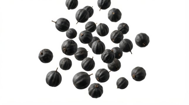 Dried limes suspended in mid-air against white background