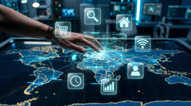 A male hand touching a futuristic holographic global map with various interface icons, representing worldwide data exchange.