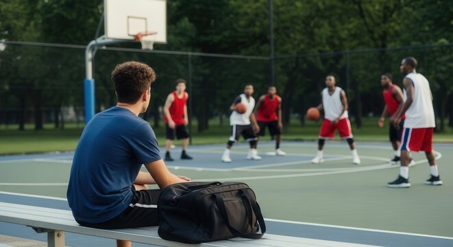 Young man sitting alone on a basketball court bench watching an intense outdoor pickup game with players in athletic gear under bright daylight.