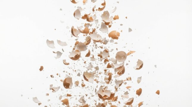 Broken eggshell pieces falling against white background