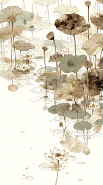 An illustration of lotus flowers, leaves, and seed pods floating on calm water with soft reflections, rendered in muted sepia tones