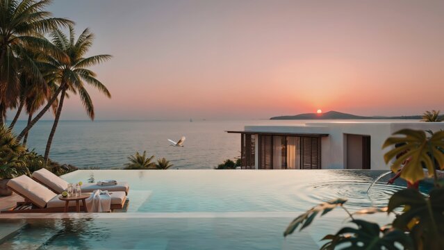 Infinity pool at tropical villa overlooking the ocean at sunset