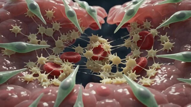 Microscopic visualization of blood clotting process and platelets