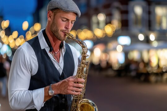 Musician playing saxophone in a vibrant city street at dusk
