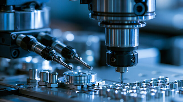 A high-tech factory with automated machines producing precision parts, high-tech factory, automated production process