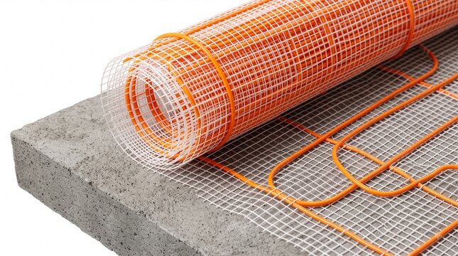 Bright orange electric underfloor heating cable mat partially rolled out on a concrete floor slab, home renovation concept, isolated on white background.