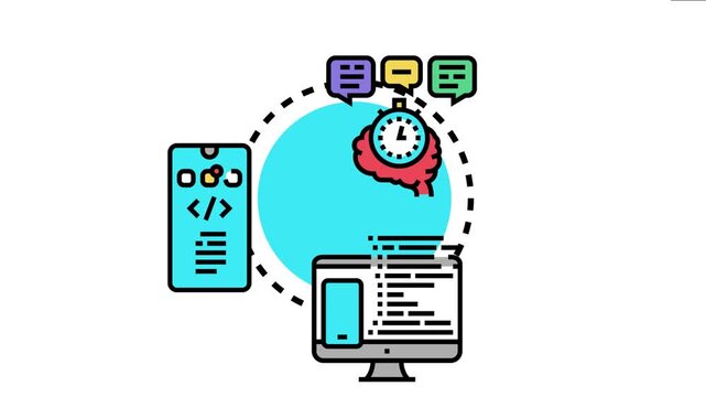 App development process involves coding on a mobile device and a desktop computer, considering brain ideas for digital product creation and project management