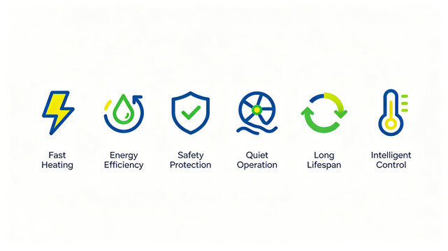 Representing the concepts of rapid heating, safety protection, and long lifespan, suitable for heating appliance e-commerce and product introduction display boards.
