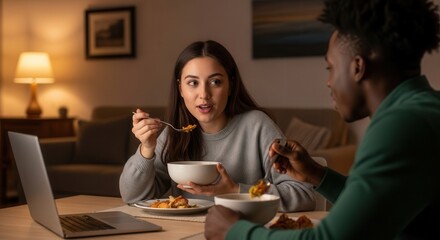 Fototapeta premium A young woman enjoying a cozy meal at home while multitasking with a laptop open, sharing a warm dining experience with a companion in a softly lit living room filled with homely comfort.