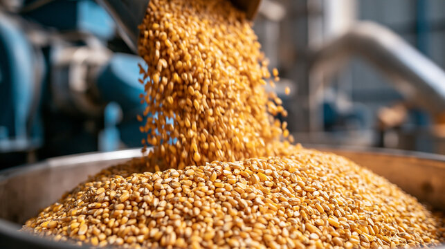 Industrial machines processing grains in a food production facility, grain processing, food production line