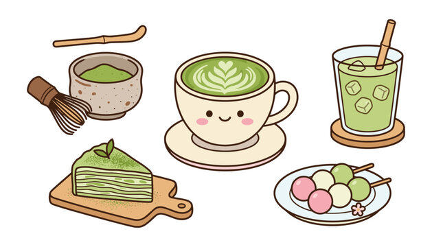  Cute Kawaii Matcha Green Tea Set Featuring Latte Cup Iced Drink Whisk Bowl Crepe Cake Slice And Dango For Japanese Cafe Graphic Designs