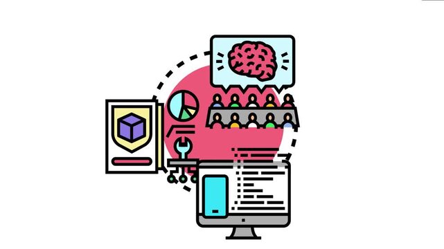 Application development process illustrates ideation brainstorming, team collaboration, user interface wireframing, and coding for new software construction