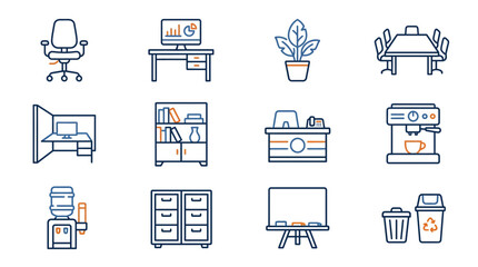 Fototapeta premium Office Icons Set Computer Chair Desk Meeting Table Coffee Machine Plant Cubicle Files