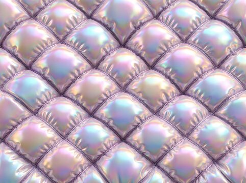 Close up of an iridescent quilted fabric with puffy stitched squares reflecting soft pastel colors, creating a shiny holographic texture ideal for modern backgrounds, fashion and design.