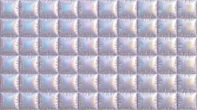 Close up of an iridescent quilted fabric with puffy stitched squares reflecting soft pastel colors, creating a shiny holographic texture ideal for modern backgrounds, fashion and design.