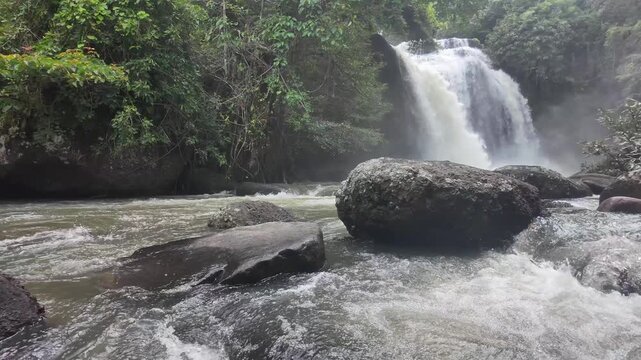 Cascading Waterfall in Lush Jungle: A powerful waterfall plunges into a rocky riverbed, surrounded by dense, verdant jungle foliage under a soft, diffused light.