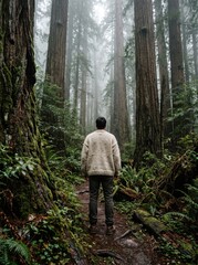 Fototapeta premium Man in a cozy knit sweater stands facing away on a misty forest trail among towering redwood trees and green ferns, symbolizing solitude, mindfulness and deep connection with nature.