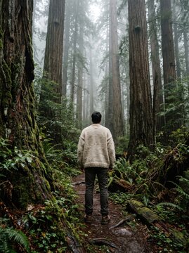 Man in a cozy knit sweater stands facing away on a misty forest trail among towering redwood trees and green ferns, symbolizing solitude, mindfulness and deep connection with nature.