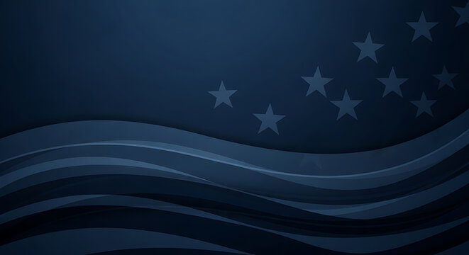 Abstract dark blue background, featuring flowing wave, patterns and scattered, glowing stars representing, a patriotic or, night sky theme