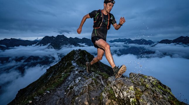 Athletic man trail running along a rocky mountain ridge above the clouds at dusk, splashing through water, symbolizing endurance, fitness and outdoor adventure in dramatic terrain.