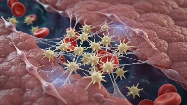 Blood cells and platelets aggregating to repair a damaged vessel