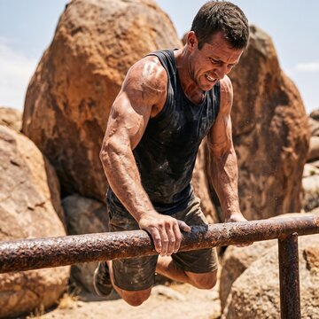 Muscular man performs a pull up on a rusty bar during an intense outdoor obstacle course workout among boulders, sweating with effort, symbolizing strength, fitness and determination.