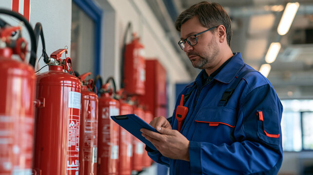Fire safety inspection: A man in a blue uniform wearing glasses checks a tablet while inspecting a row of red fire extinguishers mounted on a wall in a modern facility.
