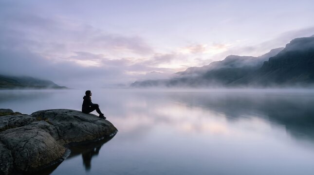 Silhouette of a person sitting peacefully on a rock beside a calm still lake at sunset, surrounded by misty mountains and a soft pastel sky, symbolizing solitude, calm and reflection.