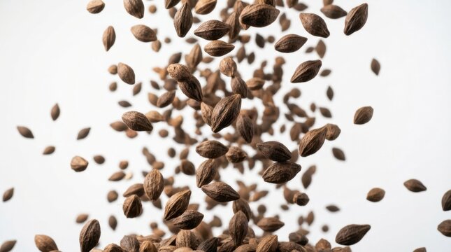 Pili nuts scattering in mid-air against dark background