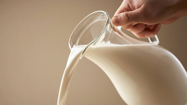 Milk Pour: A hand holds a glass pitcher, pouring fresh white milk into an unseen container against a warm, neutral background.