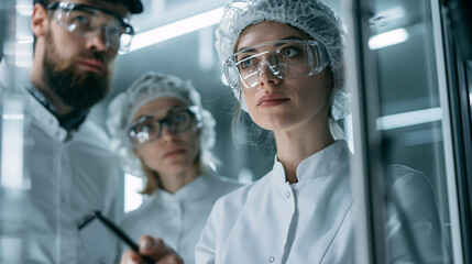 Obraz premium A team of engineers monitoring the production of electronics on a factory floor, electronics manufacturing, high-tech production