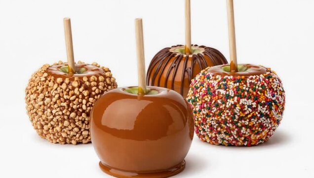 Four glossy caramel apples on sticks, coated with nuts, multicolored sprinkles and chocolate drizzles, arranged on a white background