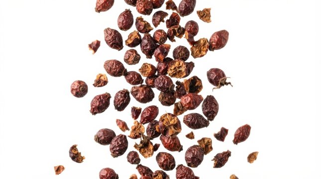 Dried rosehips scattering in mid-air against white background
