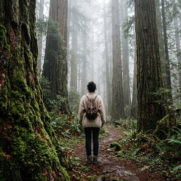 Woman in a cozy knit sweater stands facing away on a misty forest trail among towering redwood trees and green ferns, symbolizing solitude, mindfulness and deep connection with nature.