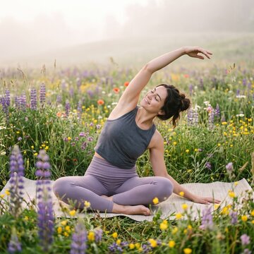 Peaceful woman practices a seated side stretch yoga pose in a misty wildflower meadow at sunrise, smiling with eyes closed, symbolizing wellness, mindfulness and outdoor fitness in nature.