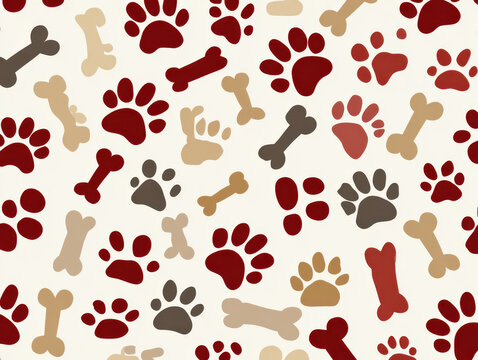 Dog paw print pattern dog bone pattern pet background seamless repeat red brown beige color animal print decorative wallpaper abstract pet theme playful design