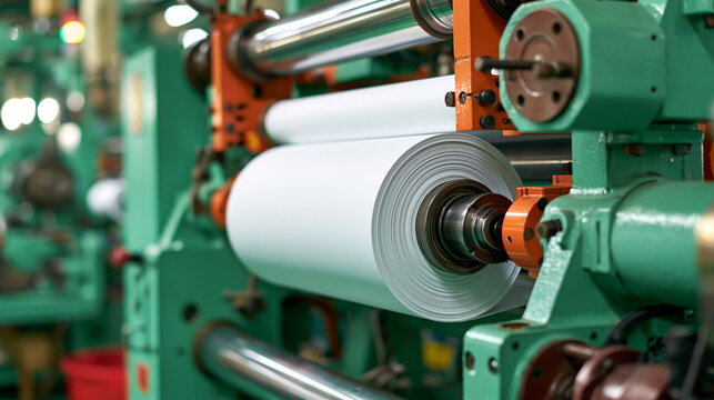 A factory floor with machines producing biodegradable packaging materials, biodegradable packaging production, sustainable manufacturing