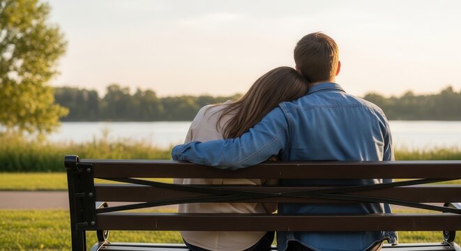 A serene couple embracing and enjoying a peaceful sunset view over a calm lake in a scenic park, sharing a romantic moment on a wooden bench surrounded by lush greenery and trees.