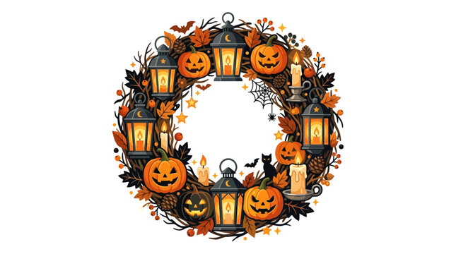 Spooky Halloween wreath, witch's lanterns and smiling pumpkins card border. Autumn leaves, black cat, bats and candles for holiday greeting design