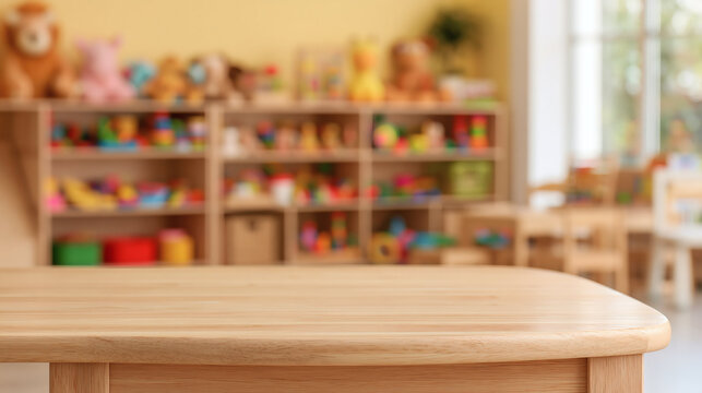 Preschool Classroom Wonderland: A vibrant and inviting preschool classroom, featuring shelves filled with colorful toys and a warm wooden table in the foreground, ready for learning and play.