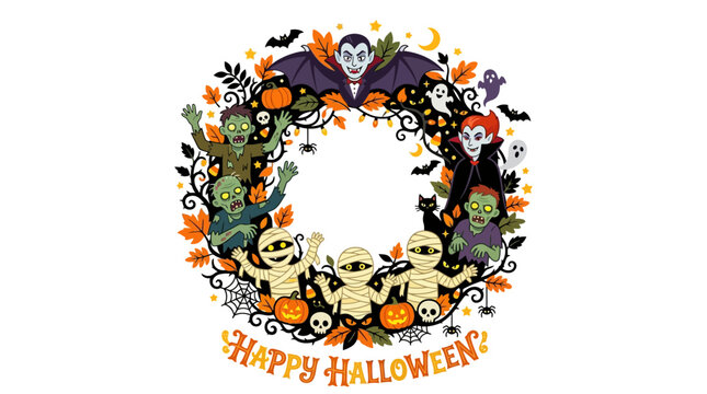 Happy Halloween cute wreath with mummies, zombies, and vampire. Scaredy-cat characters, pumpkins, autumn leaves and bats. Spooky cartoon decorative vector illustration for October