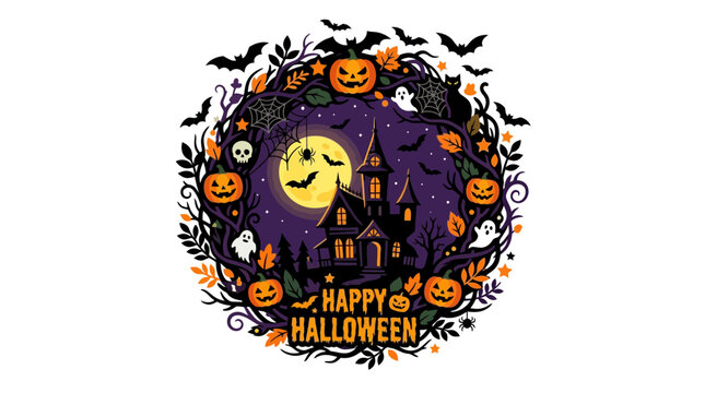 Happy Halloween vector wreath with haunted house, full moon and pumpkins. Spooky autumn circular design for greeting cards, party backgrounds, and seasonal marketing materials.