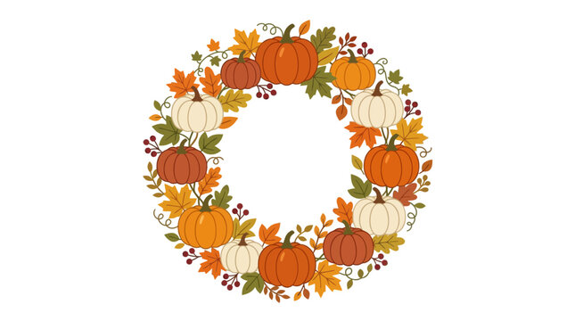 Autumn Harvest Borders, Pumpkins and Leaves Frame. Fall Seasonal Vector Design, Thanksgiving Decor, Circular Wreath and Curved Edges for Design