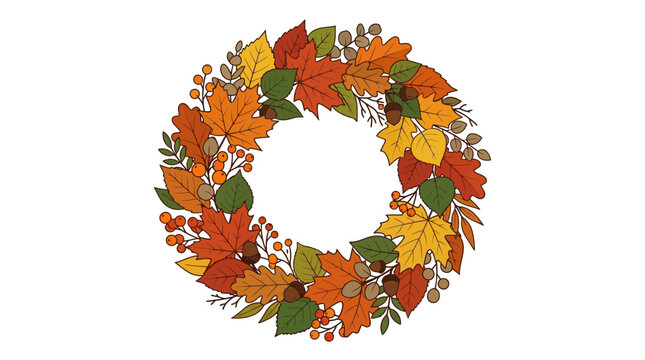 Autumn leaves wreath and corner border. Fall foliage frame with acorns and berries. Seasonal vector design for invitation cards, thanksgiving greeting and nature decor