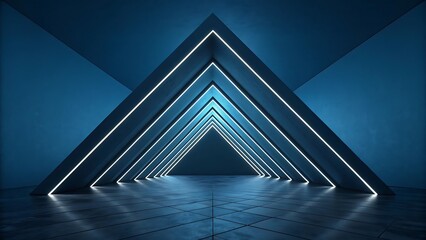 Naklejka premium Futuristic geometric tunnel with glowing neon blue lines in dark abstract 3D space